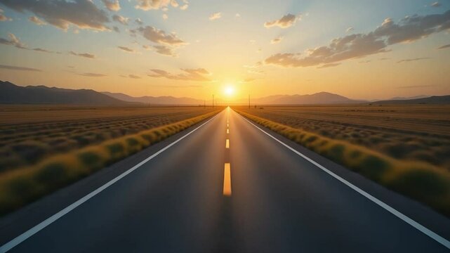 Scenic Road at Sunset: A Journey's Beginning to a Bright Horizon at Dusk