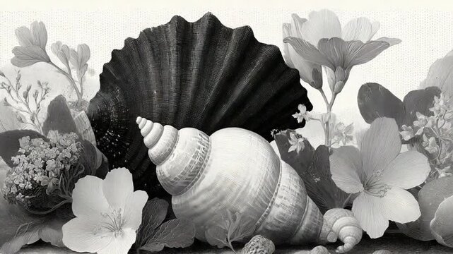 Monochrome Seashells and Flowers Seamless Border Repeating Design for Digital Art