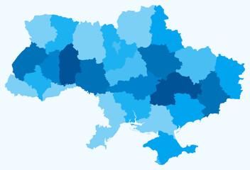 Map of Ukraine with regions. Just a simple country border map with region division. Light blue color palette. Plain Ukraine shape with administrative division. Vector illustration.