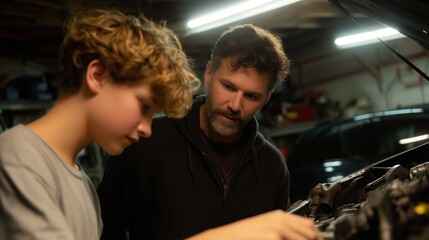 Obraz premium Father and son collaborating on car repair in home garage during evening hours