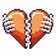 Obraz premium Pixel art broken heart held by skeletal hands, retro style, emotional loss, digital love, pixelated heartbreak