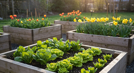 Raised garden beds with lettuce, tulips, and daffodils in a backyard garden during sunset time
