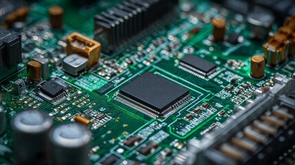 Close-up shot of a computer motherboard, showcasing intricate circuitry in detail