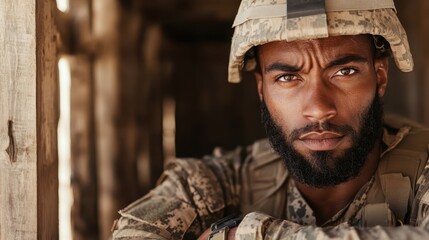 Fototapeta premium A focused soldier stands in a military setting, showcasing strength and determination, reflecting the intense emotions and experiences faced by those in service.