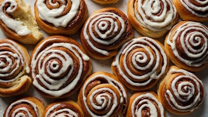 Fototapeta premium Overhead Shot of Assorted Cinnamon Rolls with Icing on Cream Background