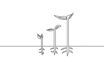 Continuous line illustration of growing seedlings representing growth and progression on a white background