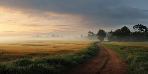 Fototapeta premium Serene sunrise over misty countryside path with lush fields and trees