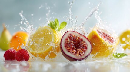 Fresh citrus and berries splashing in water with mint leaves