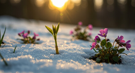 A close up of spring flowers and new plant growth emerging through the snow at sunset or sunrise light