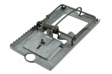 Classic metal mousetrap on transparent background, ready for catching rodents