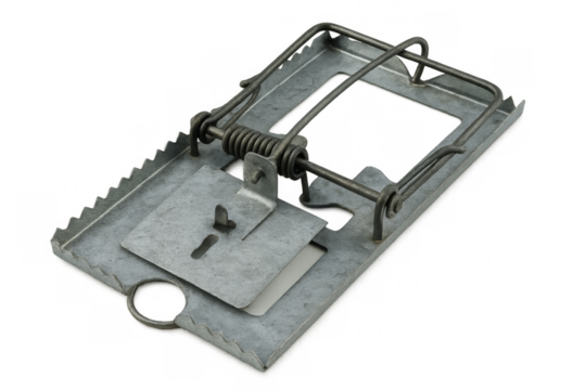 Classic metal mousetrap on transparent background, ready for catching rodents