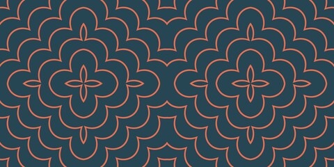 A symmetrical pattern with curved lines interlocking to form floral shapes and geometric elements. The design features a combination of navy blue and soft pink, creating a harmonious appearance.