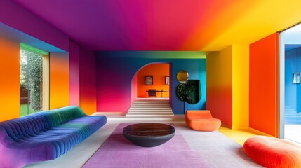 Colorful interior living room with vibrant gradient walls, modern furniture, and view of garden. Possible use Stock photo for interior design, color palettes, modern living spaces