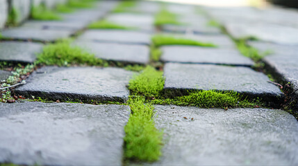 Old city paving slabs with temporary natural changes. Texture of stone pavement with green moss in seams. Concept of natural aging, destruction, variety of forms. Horizontal fragment, soft focus