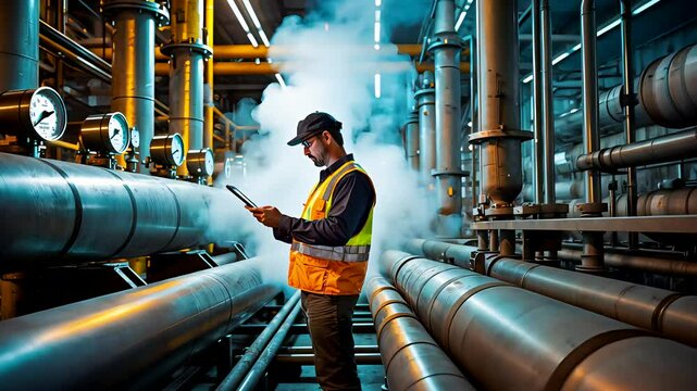 Industrial Worker Using Digital Tablet While Inspecting Metal Pipelines Inside a High-Tech Processing Plant