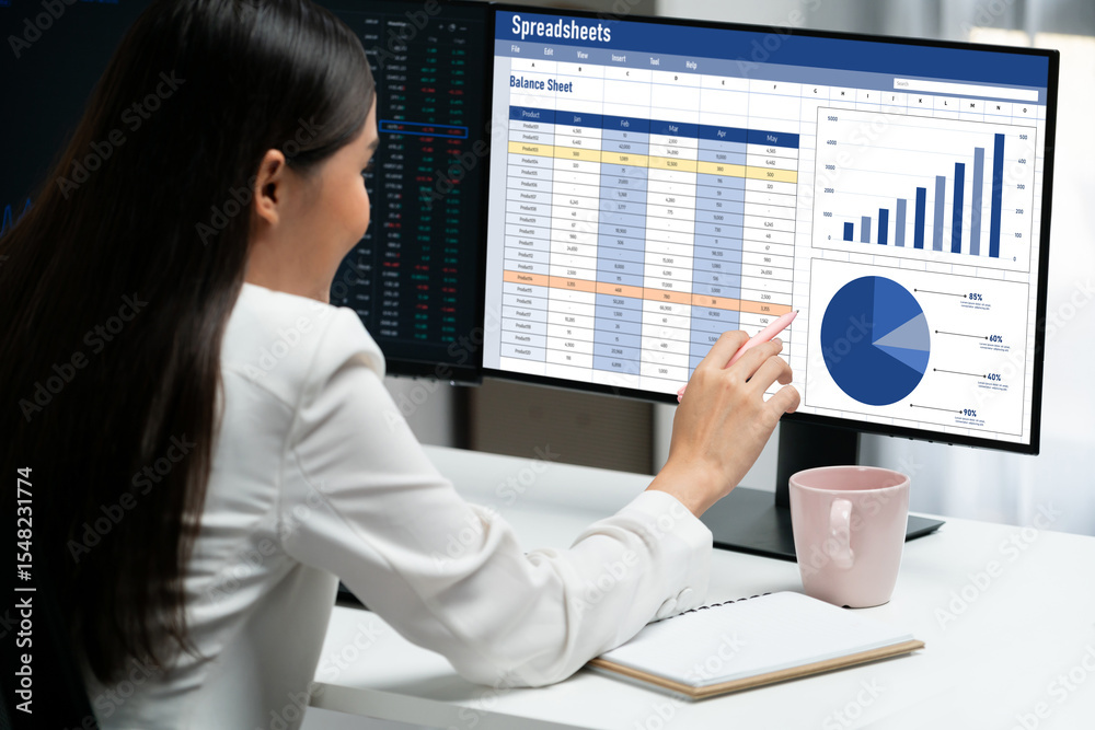 Poster spreadsheet document information financial startup concept. data and graphs in spreadsheet documents