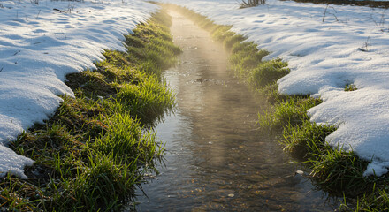 A stream flows through a snowy landscape with grass visible along the banks and a misty atmosphere above