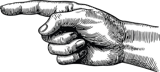 A detailed black and white illustration of a hand pointing to the left on a plain white background