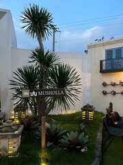  Tranquil Garden Scene: A meticulously landscaped garden, showcasing a blend of lush greenery and architectural elegance, with a signpost guiding to a place of worship.