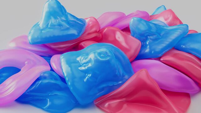 Colorful gelatinous shapes fall and squish gently against a white background in this horizontal 3D close-up animation. Glossy and semi-transparent with soft bounce.