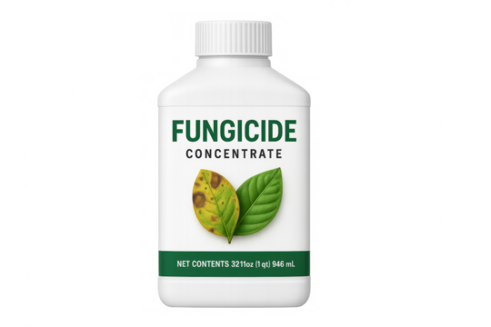Fungicide concentrate bottle protecting plants with transparent background