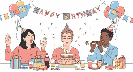 Adobe illustrator artwork vector illustration: A lively friendship birthday celebration with young adults wearing party hats, one holding a cake with candles, amidst balloons, banners, and confetti