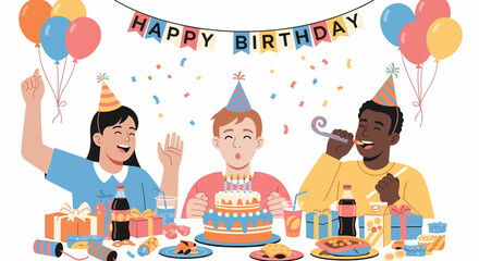 Adobe illustrator artwork vector illustration: A lively friendship birthday celebration with young adults wearing party hats, one holding a cake with candles, amidst balloons, banners, and confetti