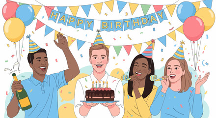 Adobe illustrator artwork vector illustration: A lively friendship birthday celebration with young adults wearing party hats, one holding a cake with candles, amidst balloons, banners, and confetti
