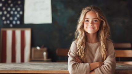 A cheerful young girl with long hair and a warm smile stands confidently with arms crossed in a classroom decorated with an American flag, conveying positivity and hope.