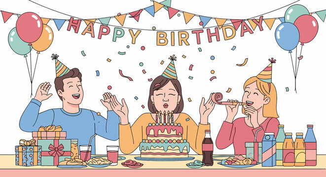 Adobe illustrator artwork vector illustration: A lively friendship birthday celebration with young adults wearing party hats, one holding a cake with candles, amidst balloons, banners, and confetti