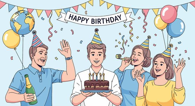 Adobe illustrator artwork vector illustration: A lively friendship birthday celebration with young adults wearing party hats, one holding a cake with candles, amidst balloons, banners, and confetti