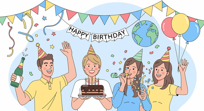 Adobe illustrator artwork vector illustration: A lively friendship birthday celebration with young adults wearing party hats, one holding a cake with candles, amidst balloons, banners, and confetti