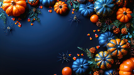 Spider on Vibrant Dark Blue Copy Space Helloween Template Background 