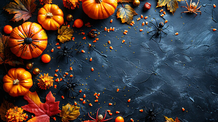 Spider on Vibrant Dark Blue Copy Space Helloween Template Background 