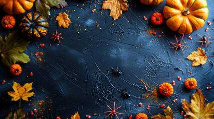 Spider on Vibrant Dark Blue Copy Space Helloween Template Background 