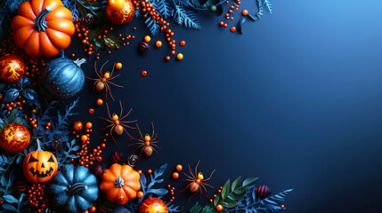Spider on Vibrant Dark Blue Copy Space Helloween Template Background 