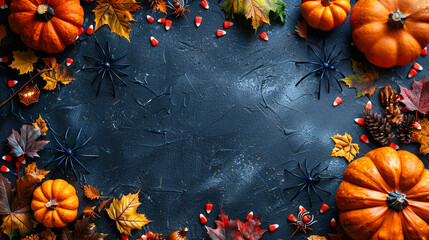 Spider on Vibrant Dark Blue Copy Space Helloween Template Background 