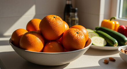 A bowl of oranges with zucchini peppers and almonds on a kitchen counter in natural sunlight