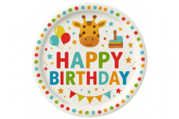 Happy birthday plate featuring giraffe, balloons, and gifts on transparent background