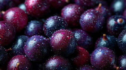 Moist, glossy acai berries captured in a tightly framed close-up image