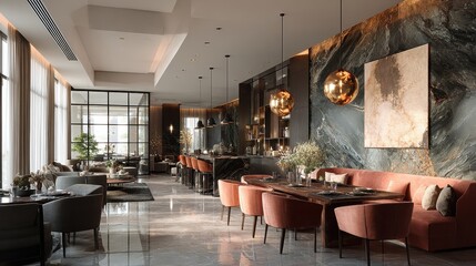 Luxury Interior Design Shows Tables Chairs And Bar In The Afternoon In A Modern Restaurant Or Hotel Lobby Area With Marble Walls And Gold Lighting Fixtures