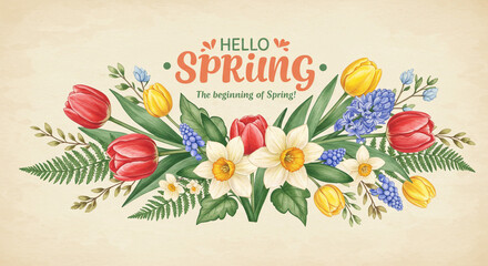 Watercolor illustration of spring flowers including tulips daffodils and hyacinths on a cream background
