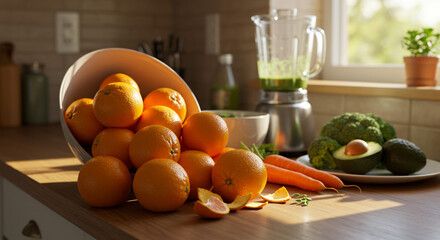 A kitchen counter with a bowl of oranges, a blender, carrots, broccoli and avocado in natural light