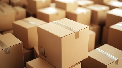 Fototapeta premium Stack of cardboard boxes in warehouse storage room symbolizing shipping logistics ecommerce moving packaging scene