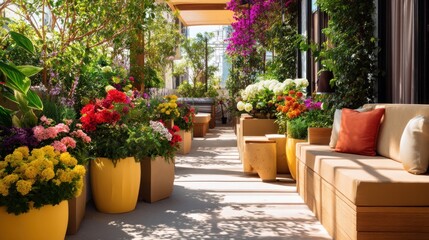 Naklejka premium Vibrant Flower-Laden Balcony Perfect For Zoom Background