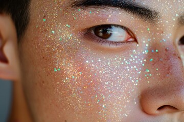 Portrait of Asian handsome young man with glitter on face. Glowing skin. Concept of beauty and fashion.