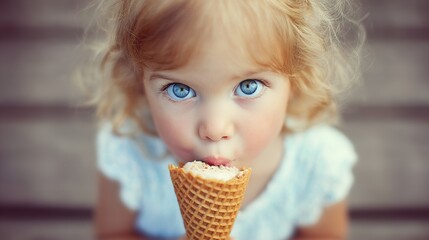 Naklejka premium Caucasian young girl eating ice cream cone with blue eyes and curly blonde hair