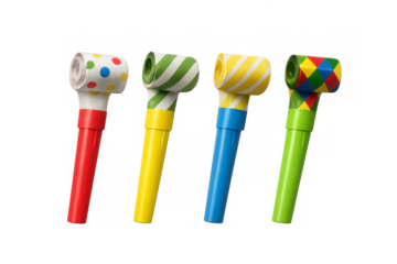 Four colorful party blowers on transparent background