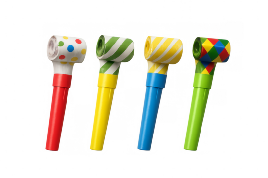 Four colorful party blowers on transparent background - Powered by Adobe