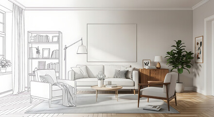 Modern living room interior with sketch design and natural light  combination of photo and sketch  drawing